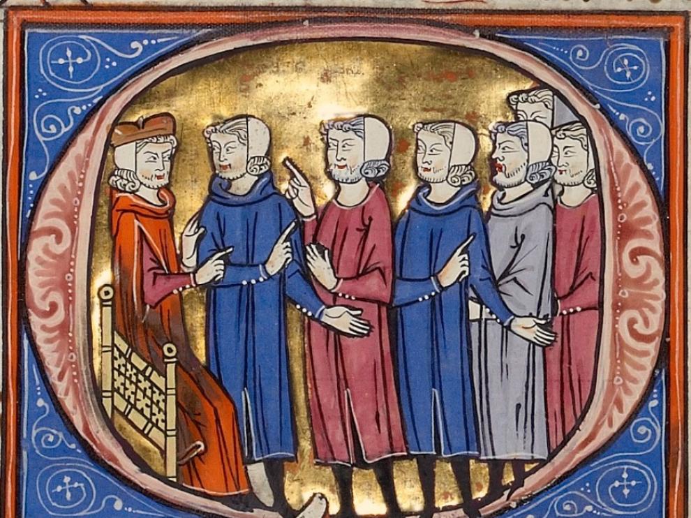 Miniatura 'Seis hombres frente al juez' del 'Vidal Mayor', valioso manuscrito de recopilación de los Fueros, redactado entre 1247 y 1252. the paul getty trust