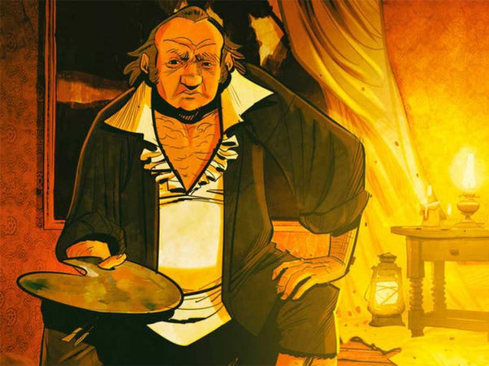 Goya, visto por el dibujante del cómic, Fran Galán, en una de las viñetas de la novela gráfica. Abajo, imagen del Pilar.