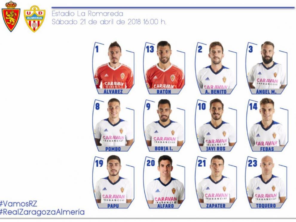 Lista de convocados del Real Zaragoza para el partido frente al Almería.