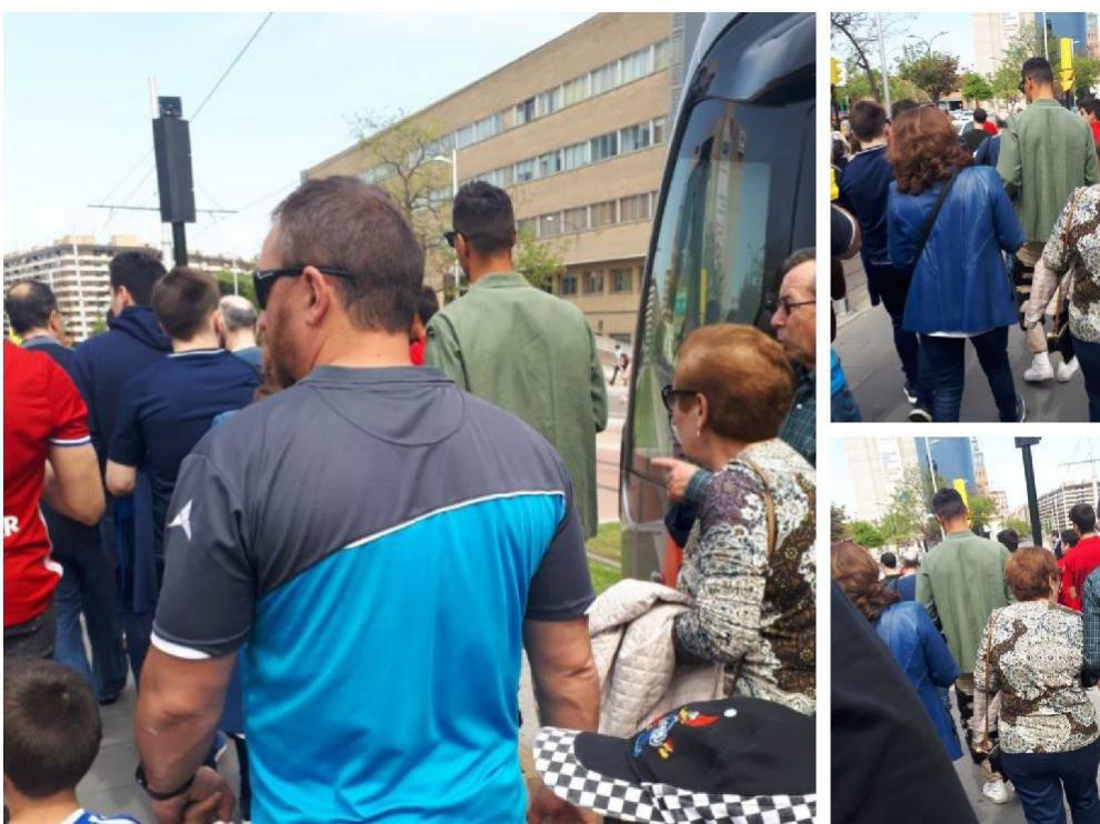 Grippo, con su camisa verde y la férula protectora de la rodilla por encima de los pantalones, baja del tranvía y camina hacia La Romareda.
