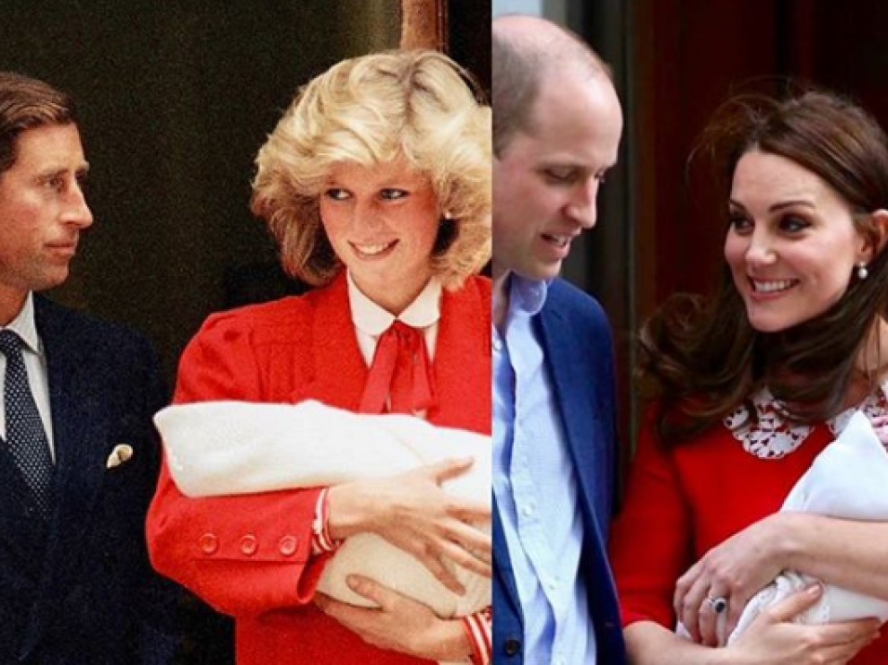 A la izquierda, Lady Di con su hijo Harry en brazos y a la derecha, Catalina de Cambridge con su tercer hijo.