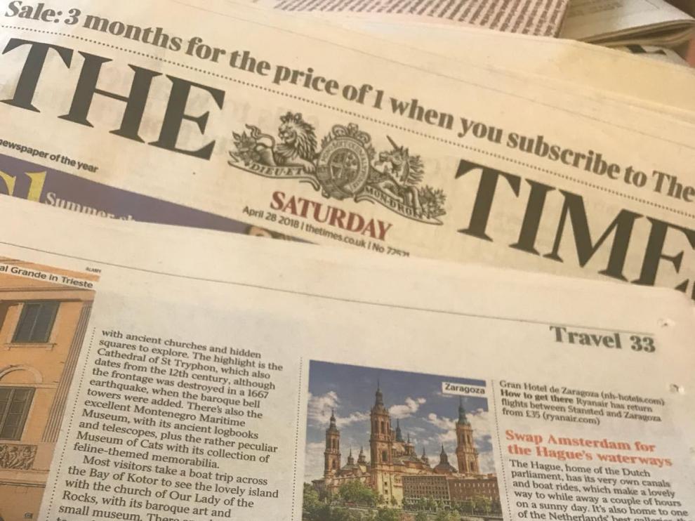 Imagen de la reseña sobre Zaragoza en la edición de 'The Times' del sábado.