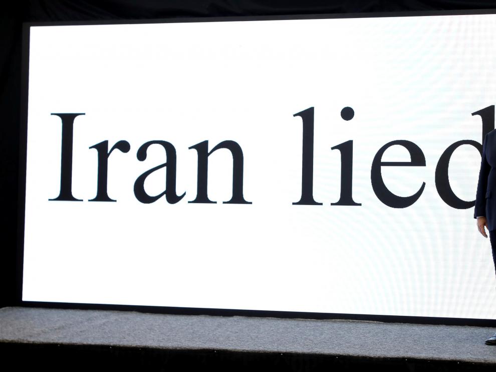 Netanyahu, este lunes, ante una pantalla que dice "Irán miente".