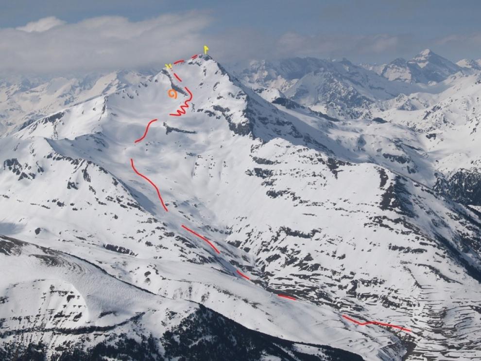 Croquis de la ascensión a Punta Suelza y del lugar donde se produjo el alud (en rojo y en amarillo)