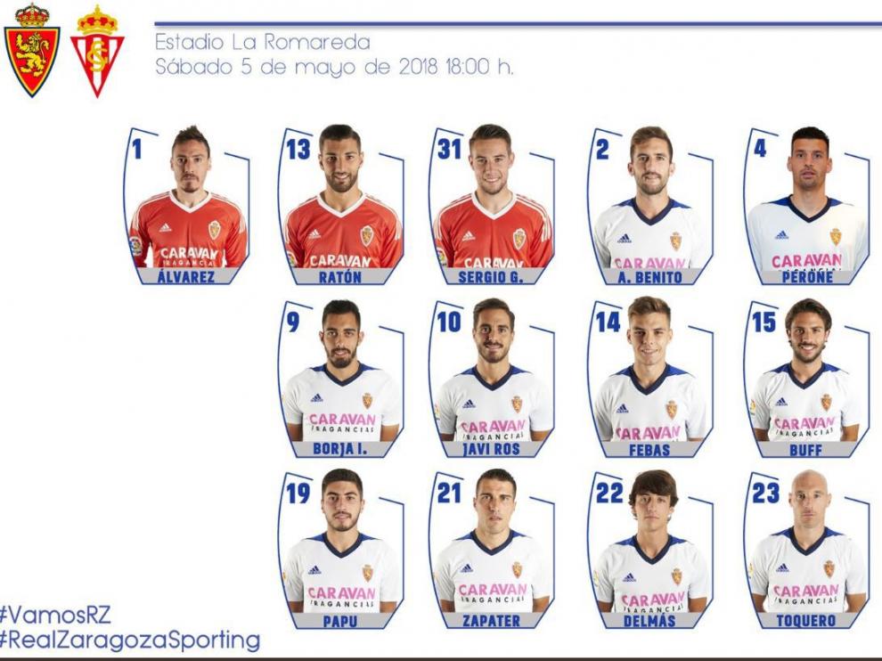 Lista de 19 convocados del Real Zaragoza para jugar este sábado ante el Sporting de Gijón en La Romareda.