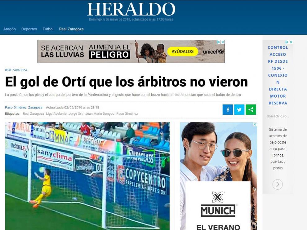 Información en Heraldo.es sobre el gol 'fantasma' no concedido a Ortí por Ais Reig en Ponferrada hace dos años.