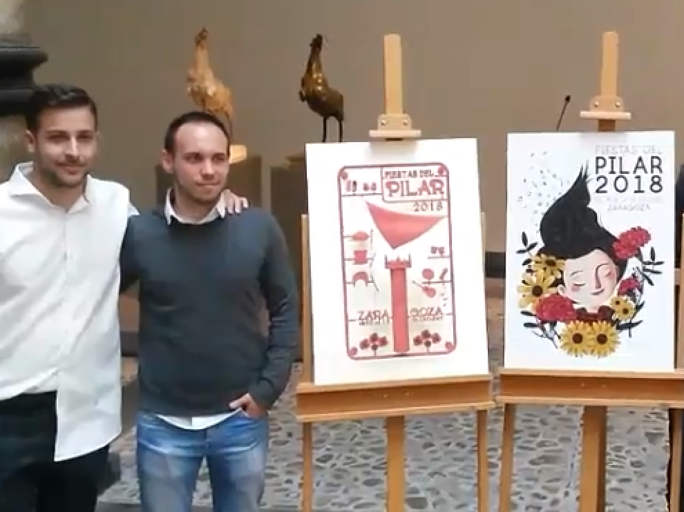 La ganadora y los dos carteles finalistas para anunciar el Pilar 2018, con sus autores.