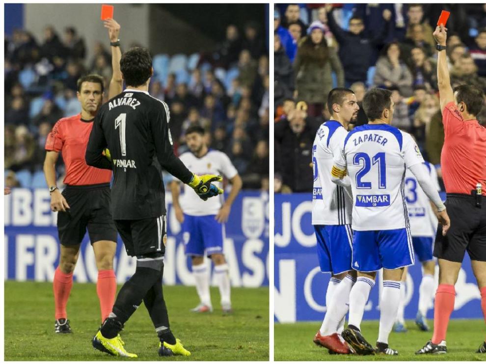 Los dos momentos en los que fueron expulsados Cristian Álvarez y Verdasca en el partido Real Zaragoza-Cádiz de la primera vuelta, en diciembre.