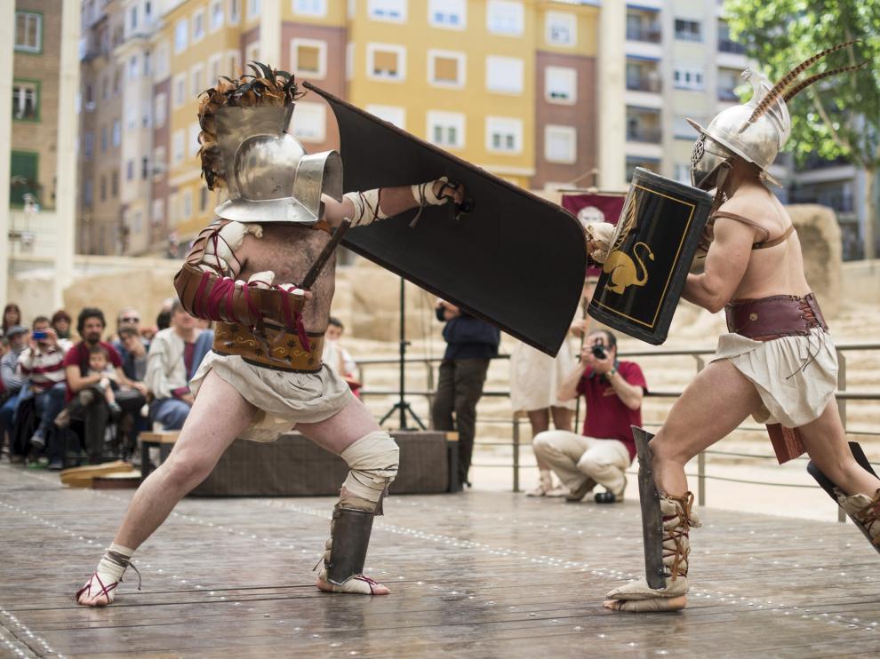 Escenificación de una lucha de gladiadores en el Teatro Romano, hace tres años, con motivo del Día Internacional de los Museos.
