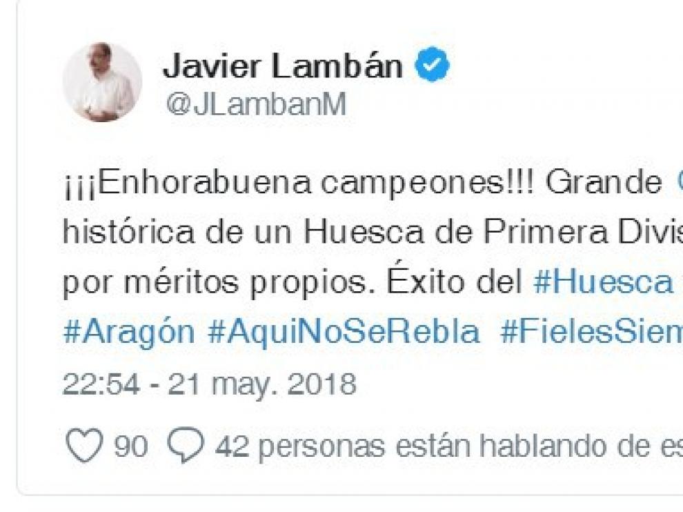 El mensaje de felicitación de Lambán al SD Huesca por su ascenso.