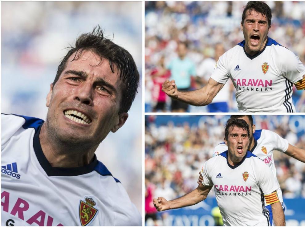 Tres momentos, prácticamente consecutivos en el tiempo, de la celebración plena de emoción de Alberto Zapater tras lograr el 3-1 ante el Albacete.