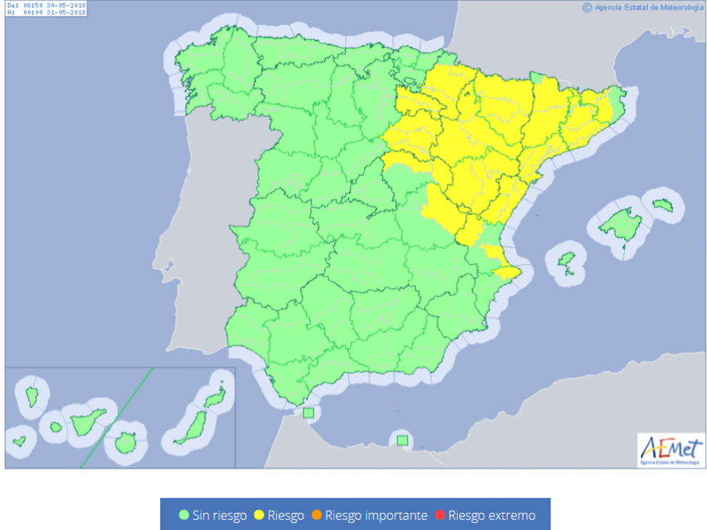 Mapa de España con alerta amarilla en parte del país