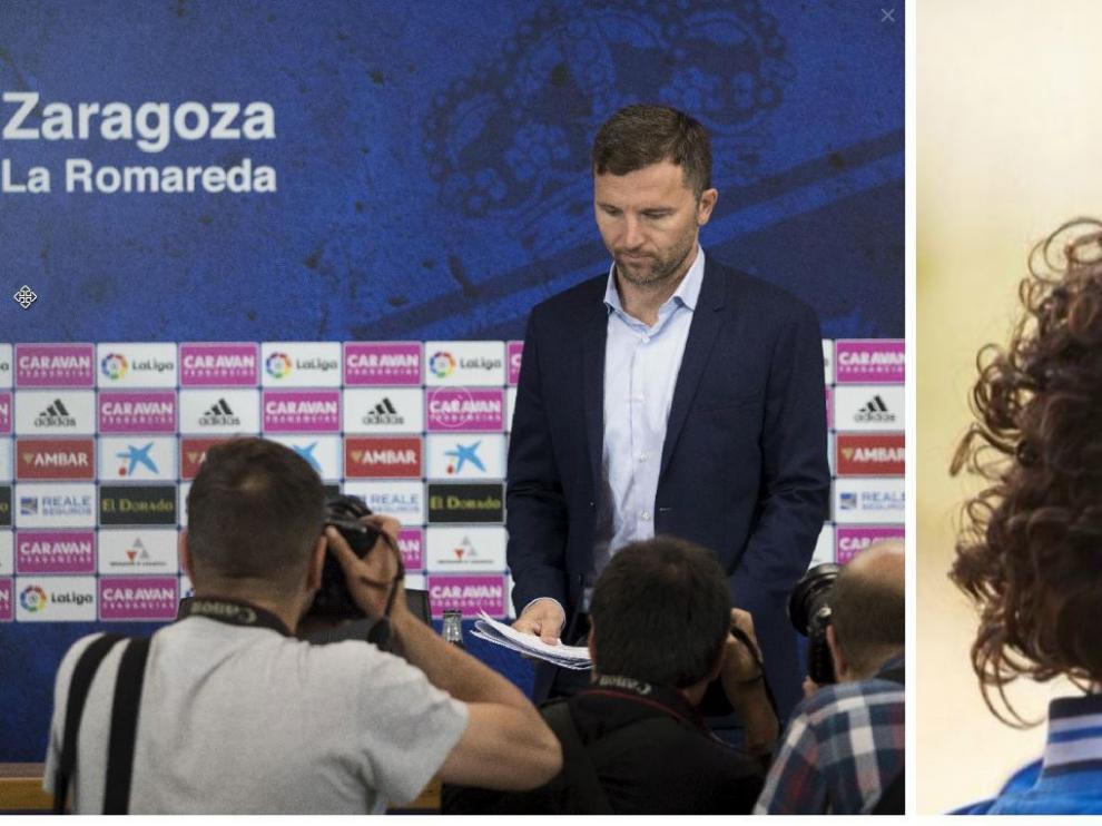 Lalo Arantegui (izda.), este martes al inicio de su rueda de prensa. Imanol Idiakez (dcha.), próximo entrenador del Real Zaragoza.