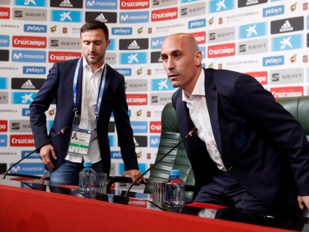Luis Rubiales, este miércoles en la rueda de prensa en la que ha anunciado la salida de Lopetegui.