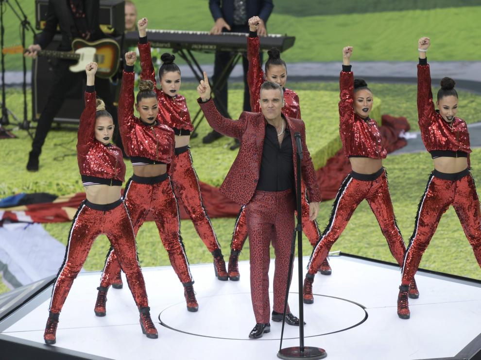 Robbie Williams durante su actuación en la ceremonia de apertura del Mundial de Rusia 2018.