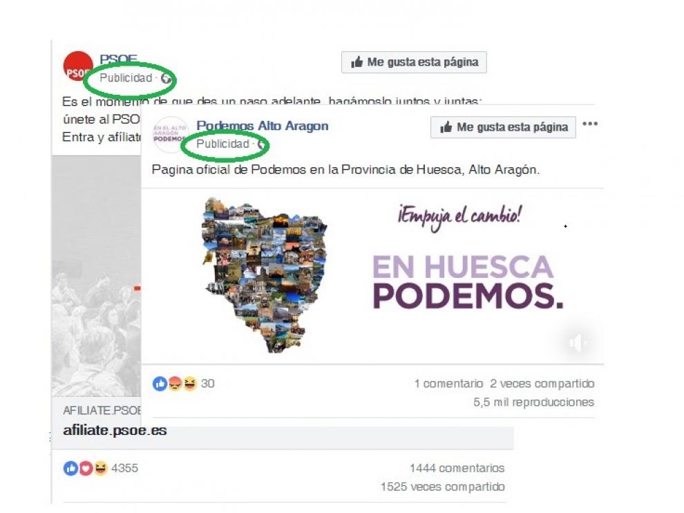 Dos ejemplos de propaganda política en Facebook.