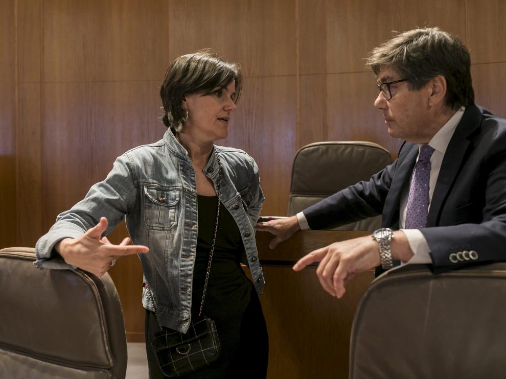 Los aragonesistas Elena Allué y Arturo Aliaga, este viernes, en las Cortes.