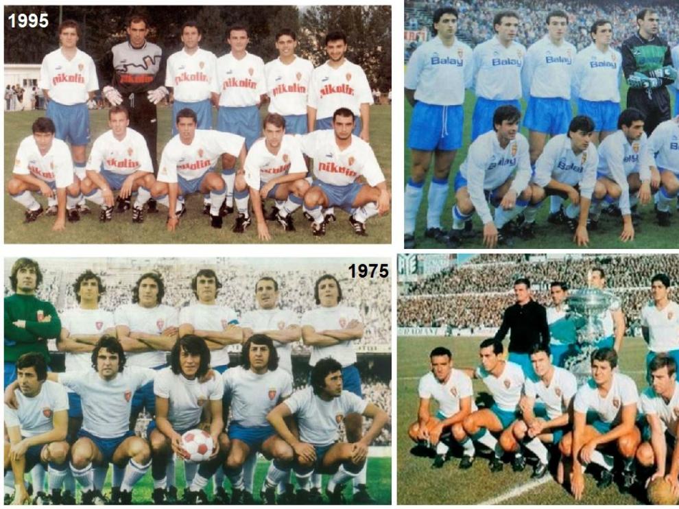 Cuatro formaciones del Real Zaragoza, en diferentes momentos de la historia, con el pantalón y los detalles azules celestes.