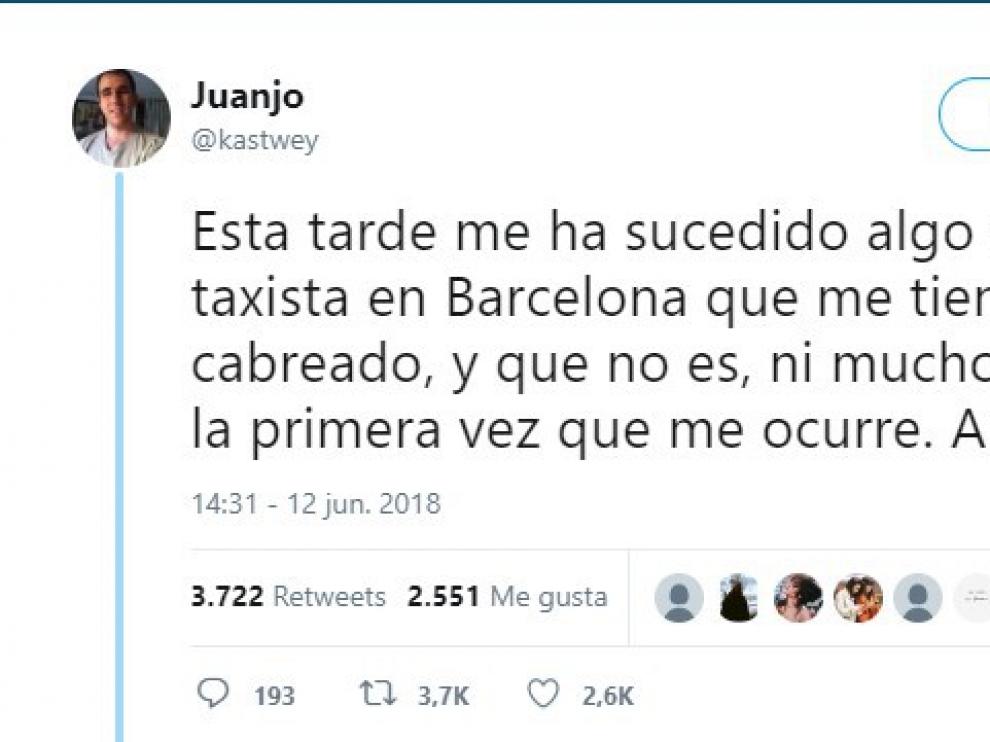 Hilo de Twitter en el que el afectado contó lo ocurrido y ha provocado la expulsión del taxista.