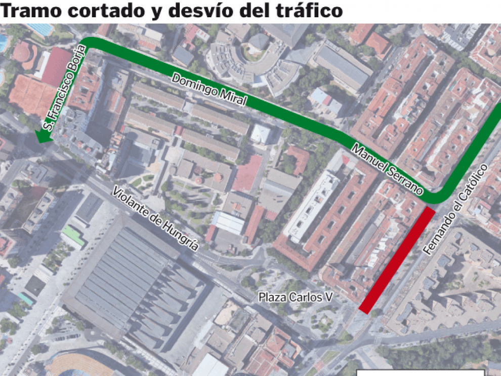 Afecta al tramo entre la calle Manuel Serrano Sanz y la Plaza del Emperador Carlos, en sentido salida de la ciudad.