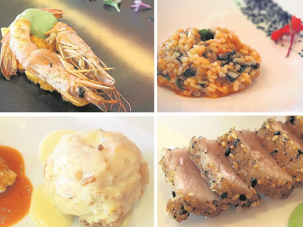 De izquierda a derecha, langostinos sobre cama de mar; arroz de algas; bocados de merluza y de salmón, tataki de atún rojo y esturión.