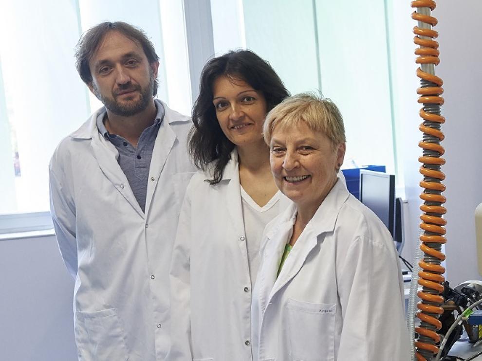 Julián Pardo, investigador del IIS Aragón y coordinador de este proyecto; Eva Gálvez, científica de la Instituto de Carboquímica del CSIC, y Carlota Calvo, investigadora del IIS Aragón y jefa de Oncopediatría del hospital Miguel Servet de Zaragoza.