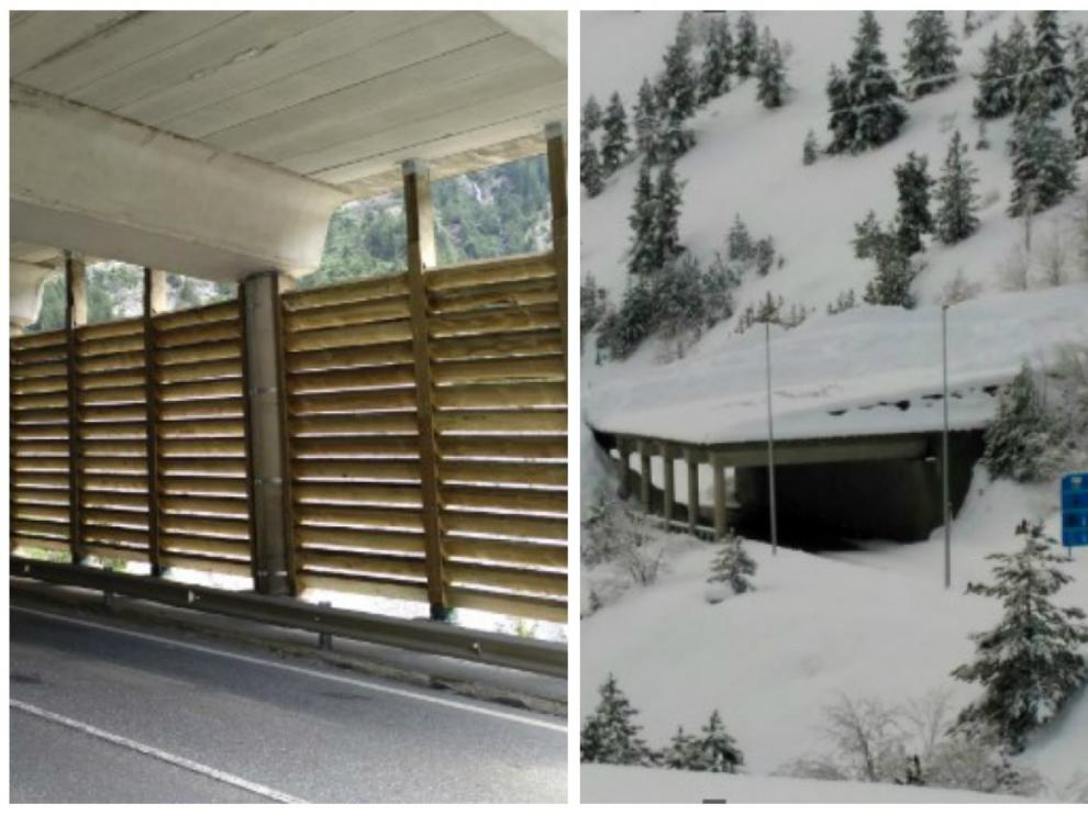 Las protecciones a modo de persiana para evitar la entrada de nieve en la carretera y el alud que desbordó uno de los paravalanchas en febrero de 2017.