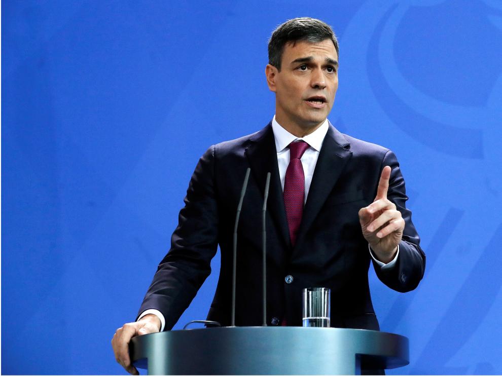 Pedro Sánchez, durante la rueda de prensa de ayer en Berlín.