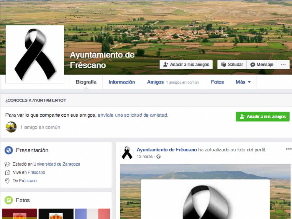 El Ayuntamiento de Fréscano ha actualizado su portada en Facebook con un lazo negro.