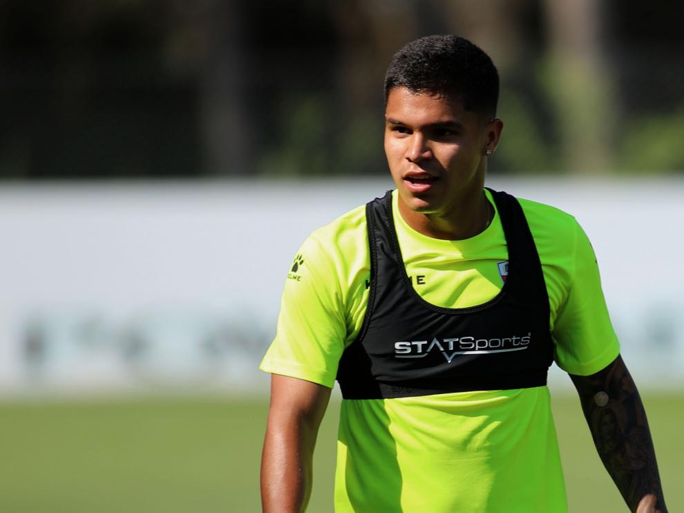 El jugador colombiano, durante el entrenamiento de esta mañana en el Pirámide.