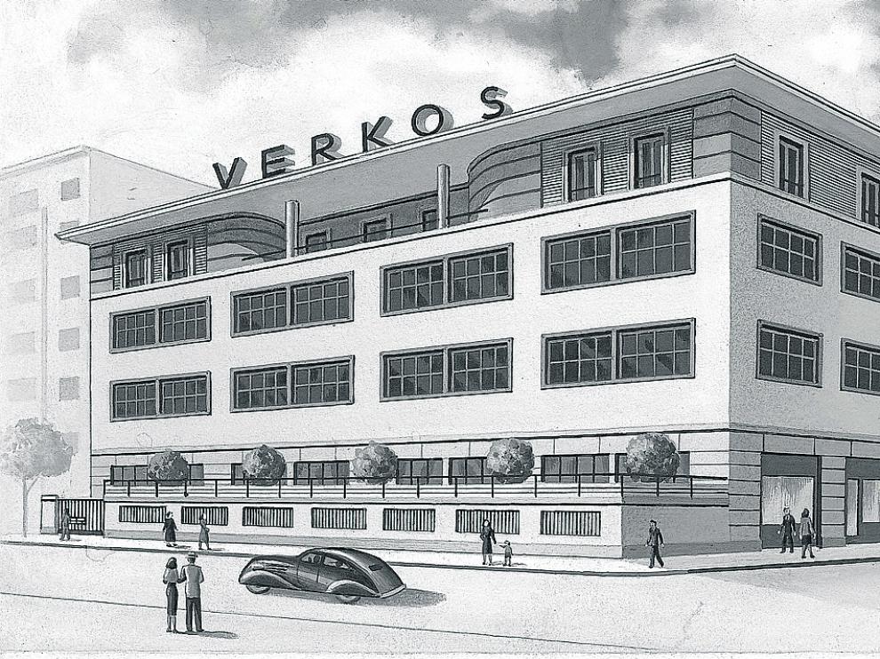 Acuarela original del edificio en la calle Cervantes donde se ubicaba Verkos Laboratorios en 1938.