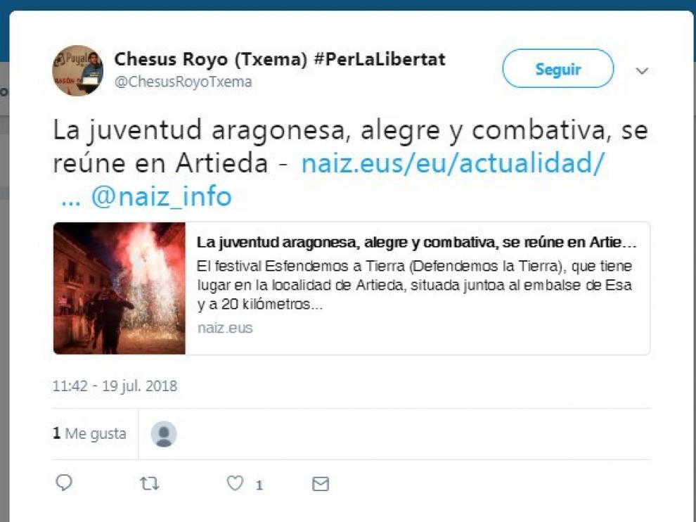 Tuit emitido hace apenas unos días por el activista Txema Royo (que ha sido expulsado del partido) en su cuenta de Twitter.