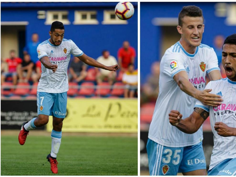 Jeison Medina, en su primer gol como zaragocista, anotado en Teruel este jueves. A la izda., momento en el que acaba de rematar a la red con la cabeza. A la dcha., en su celebración, junto a Nieto.