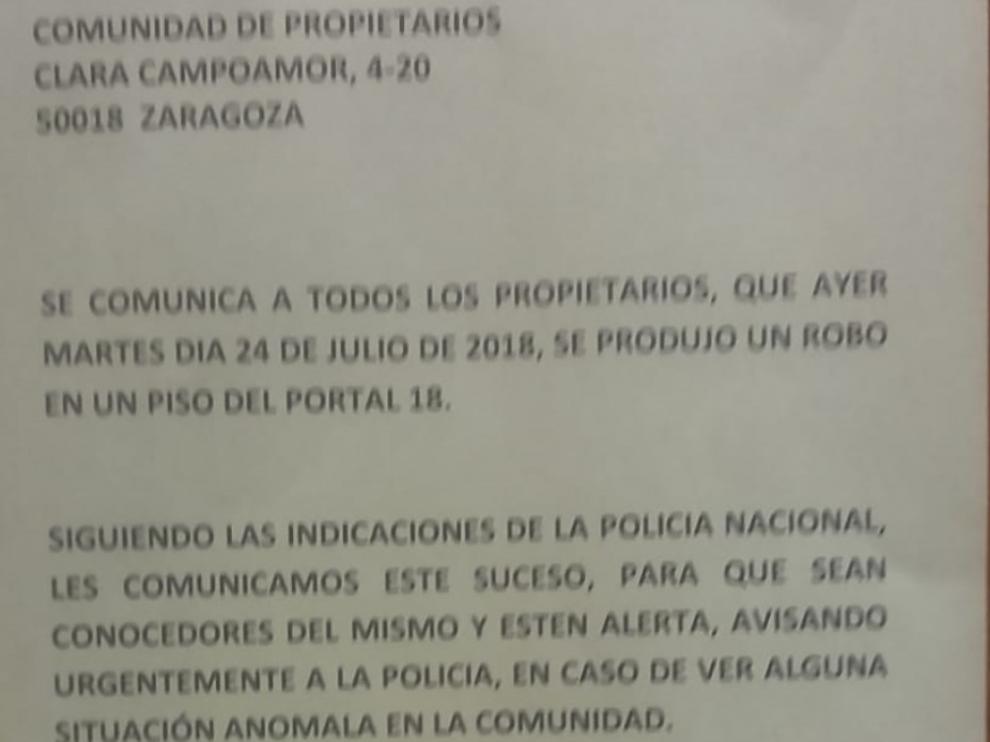 Nota de la Comunidad de vecinos de una urbanización del barrio del Actur alertando de los robos cometidos en las viviendas de la zona en las últimas semanas.