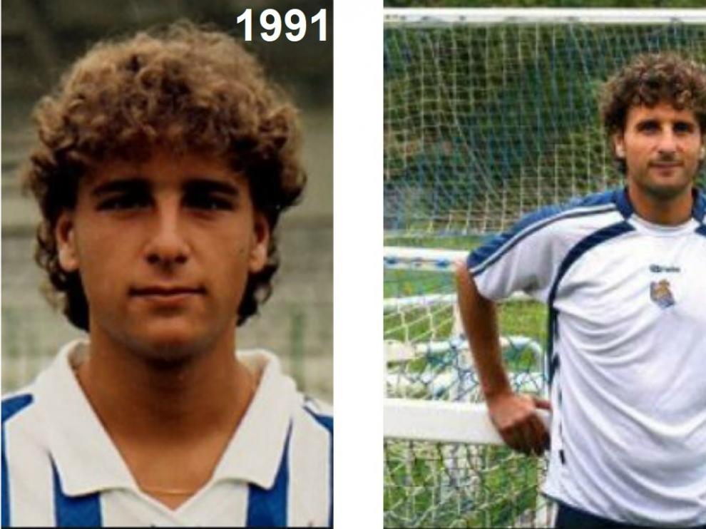 Imanol Idiakez, en dos imágenes retrospectivas de su pasado en la Real Sociedad, primero como jugador y después como entrenador de su filial.