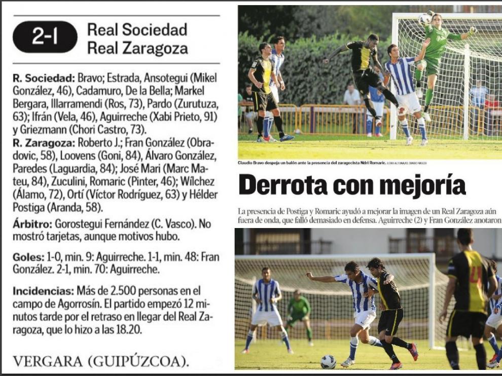 Ficha del partido Real Sociedad-Real Zaragoza jugado en 2012 en Vergara; página con la crónica y titular de HERALDO; y fotografía del partido, con Wílchez conduciendo la pelota ante Cadamuro, con Álvaro González (4) de espaldas.