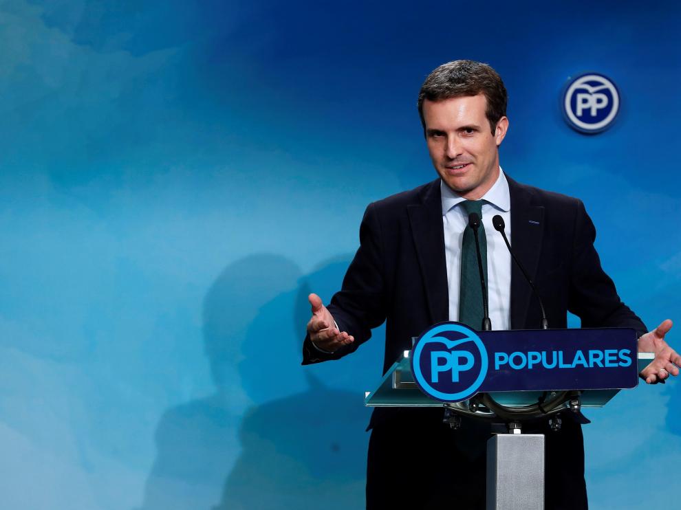 Pablo Casado, presidente del PP, durante una comparecencia en la sede del partido.