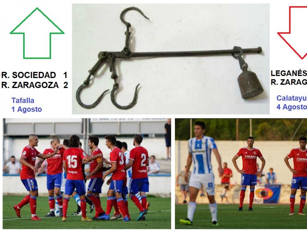Imágenes de la victoria del Real Zaragoza por 1-2 ante la Real Sociedad (izda. celebrando un gol) y de la derrota por 5-2 ante el Leganés (dcha. Grippo y Torras desolados tras encajar un tanto).