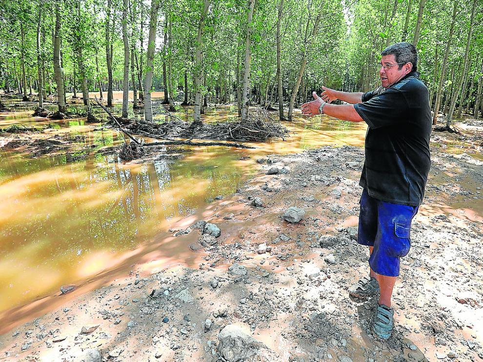 Un vecino señala desde la barrera de grava que corta el Alfambra la chopera hacia la que se dirige el río.