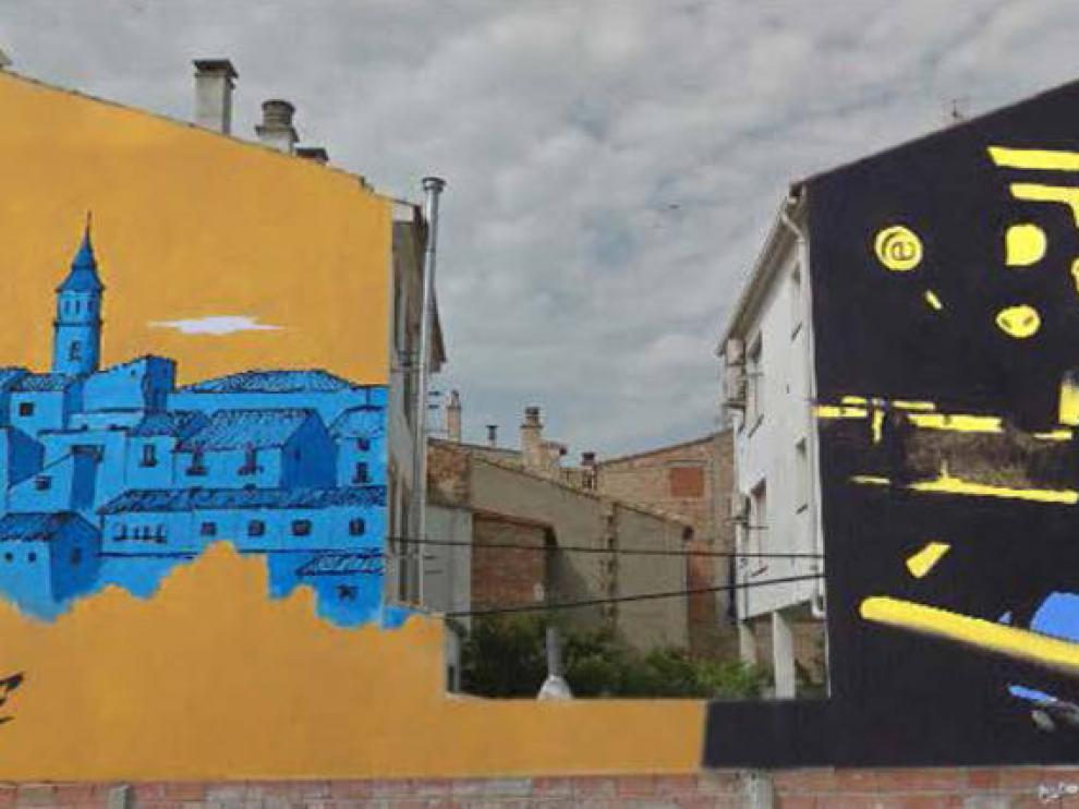 Dos graffitis decoran edificios de Calanda en homenaje al cineasta Luis Buñuel.