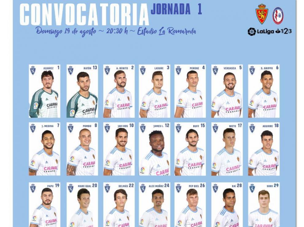 Citación del Real Zaragoza para estrenar la liga ante el Rayo Majadahonda.