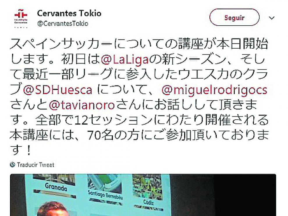 El tuit y las menciones del Instituto Cervantes de Japón.