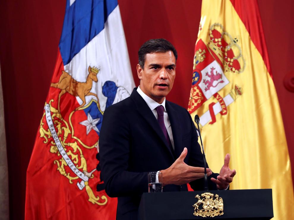 Pedro Sánchez, durante la rueda posterior al encuentro que ha mantenido con el presidente chileno, Sebastián Piñera.