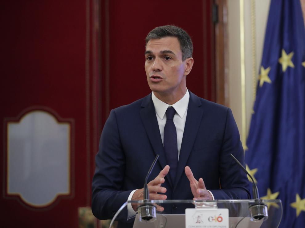 El presidente Pedro Sánchez durante la presentación de los actos conmemorativos del 40 aniversario de la Carta Magna.