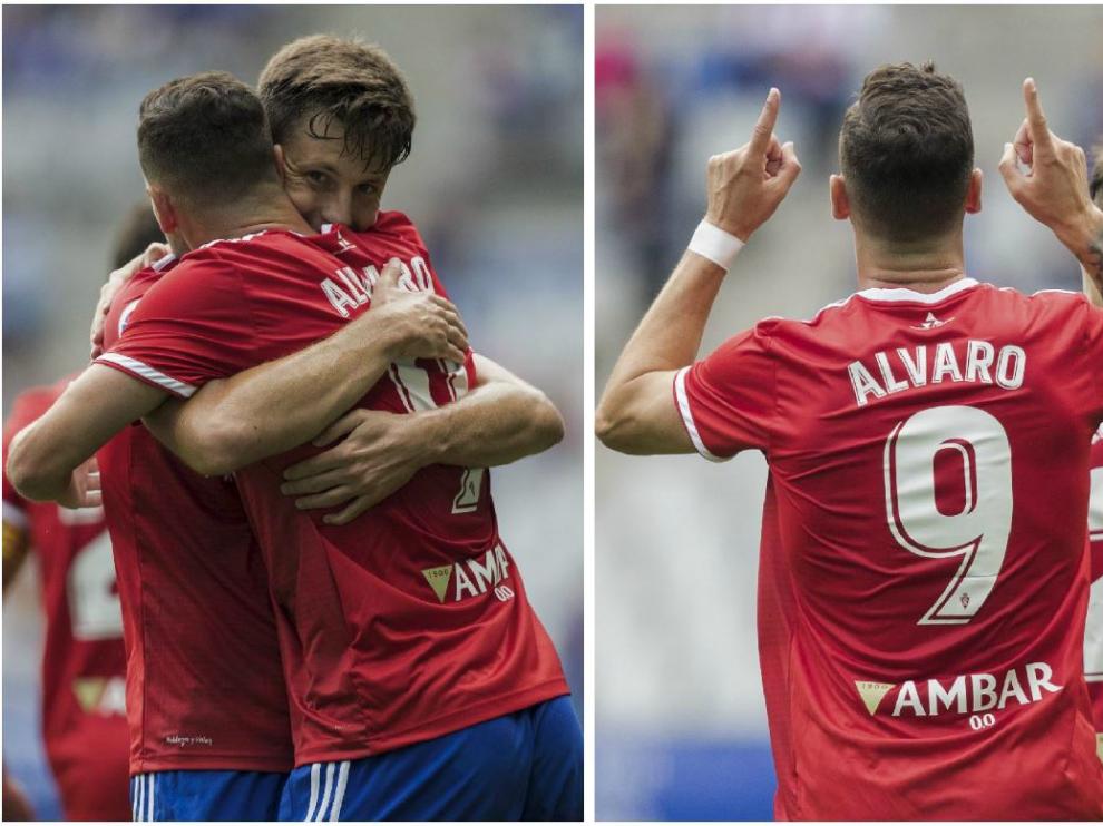 Dos momentos en los que Álvaro Vázquez celebra su gol en Oviedo (el 0-1) con Marc Gual.