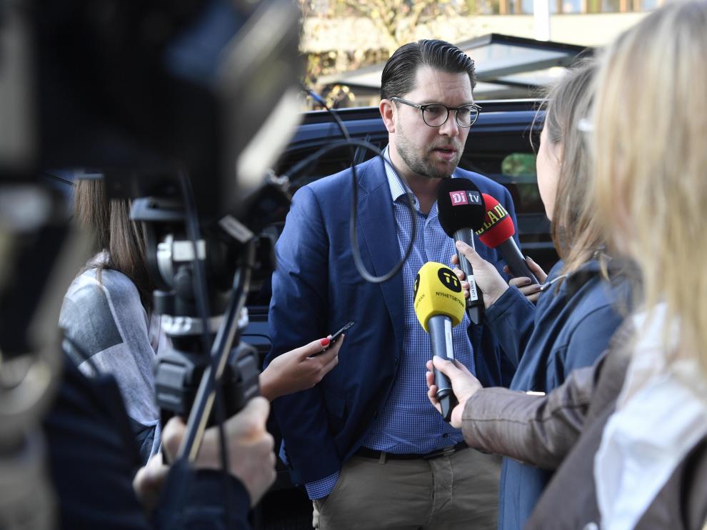 El líder del partido ultraderechista Demócratas de Suecia, Jimmie Åkesson, en la jornada electoral en la que consiguió un 17,6% de los votos y 62 escaños.