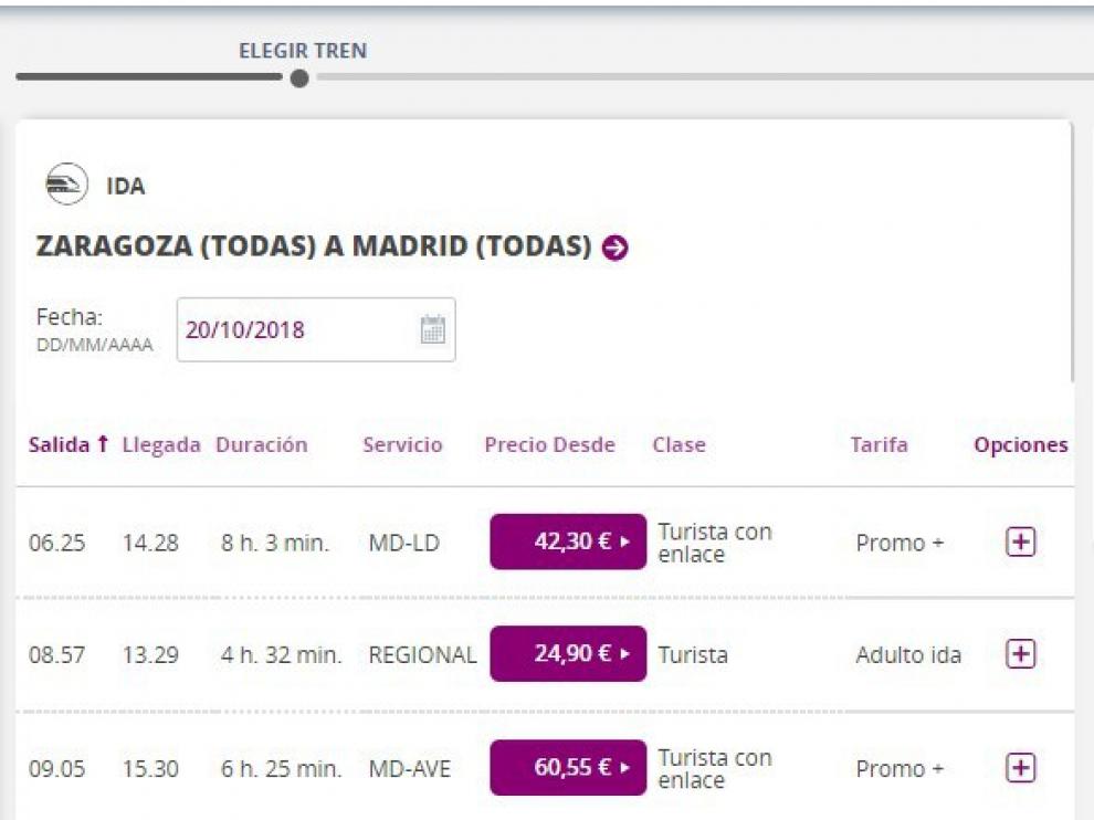 Billetes disponibles en la página web de Renfe.