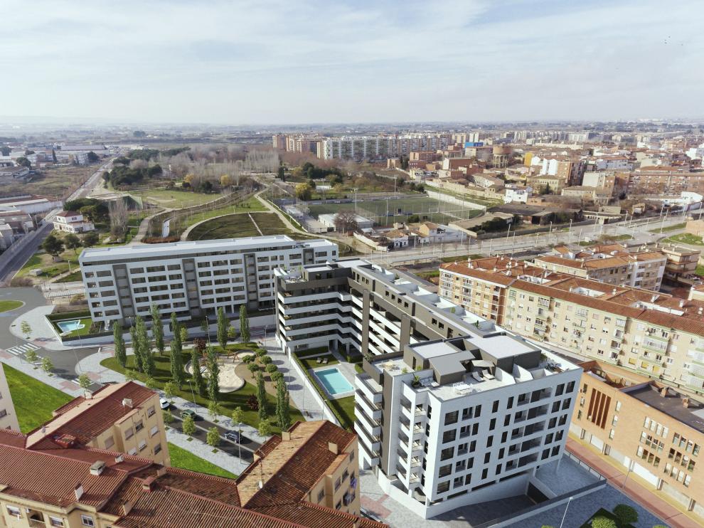 Infografía aérea del conjunto residencial Puerta Madrid.