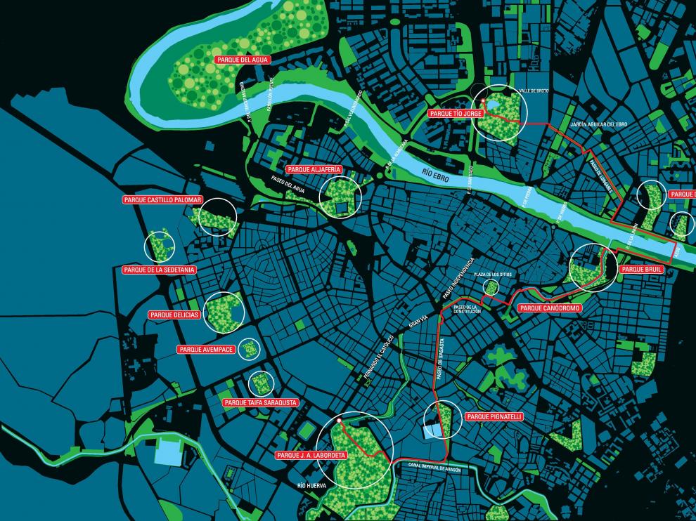 La Ruta de los Parques de Zaragoza reúne 9 kilómetros de zonas verdes que visitar.