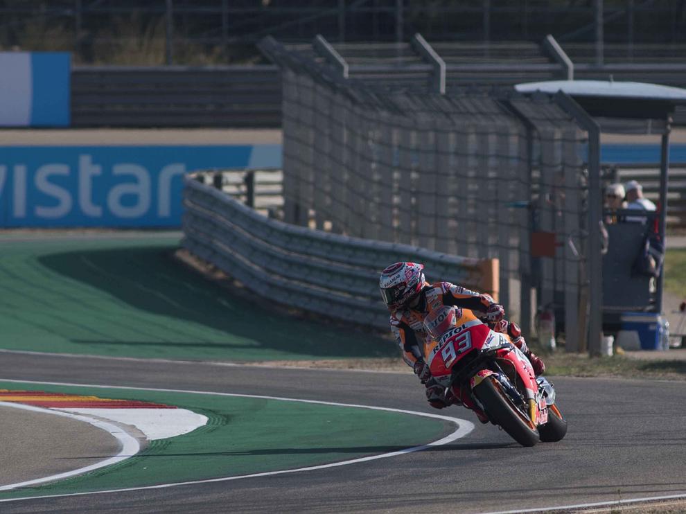 Márquez, en los entrenamientos en Motorland Alcañiz para el Gran Premio de Aragón de MotoGP.